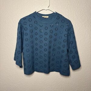 NWT Madewell Embroidered Eyelet Wide Sleeve Boxy Tee Blue Size XXS Boho NV969